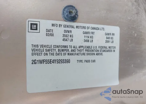 2000 Chevrolet Impala from USA, damaged, VIN 2G1WF55E4Y9293390